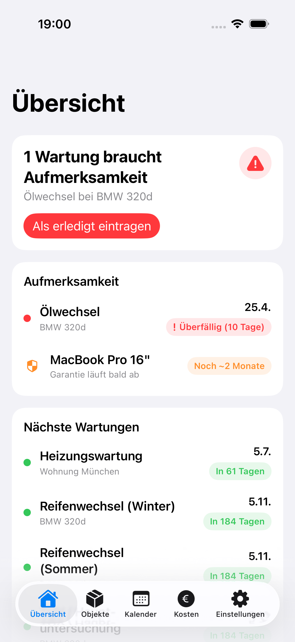 WartungsPlaner Übersicht mit anstehenden Wartungsaufgaben und Erinnerungen