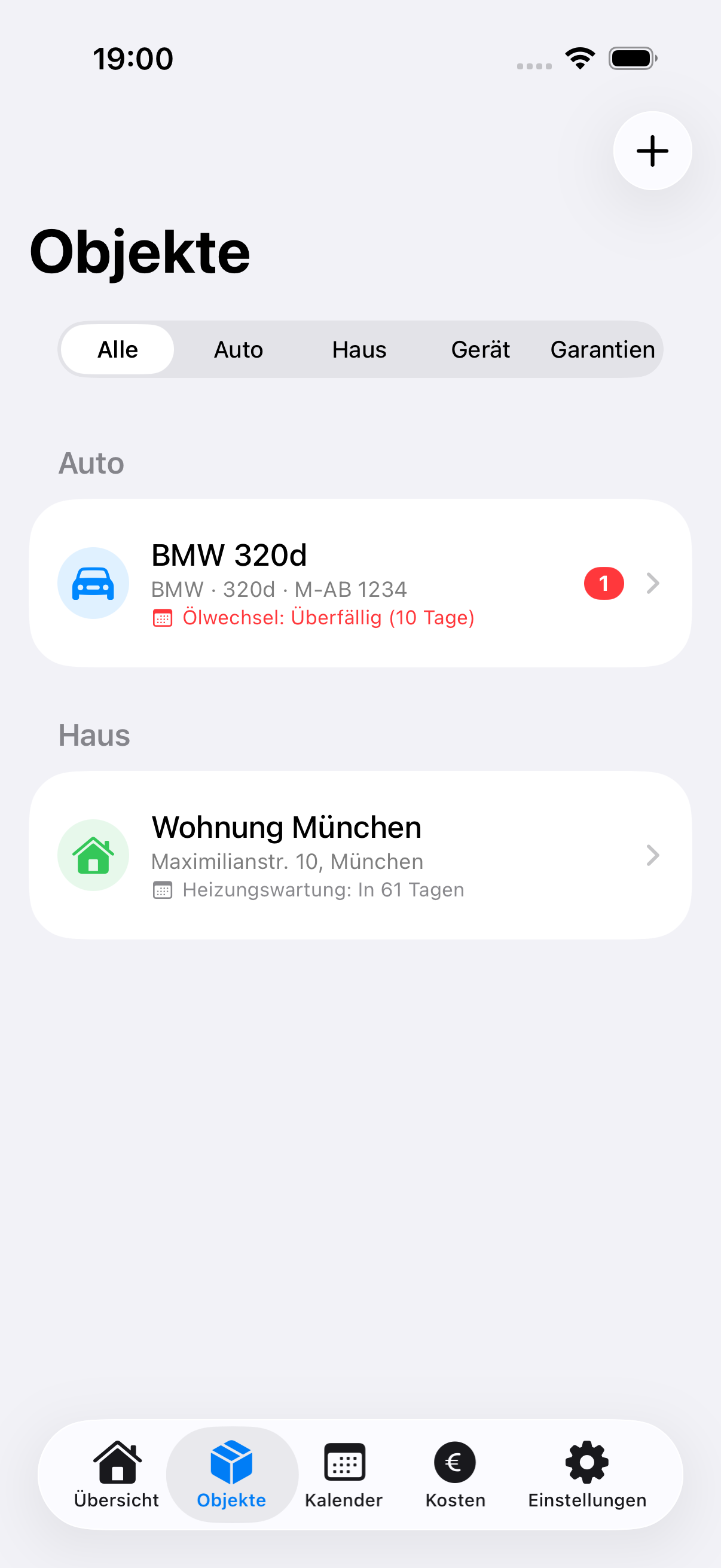 Objekte verwalten in WartungsPlaner — Auto, Haus, Geräte und Garantien auf einen Blick