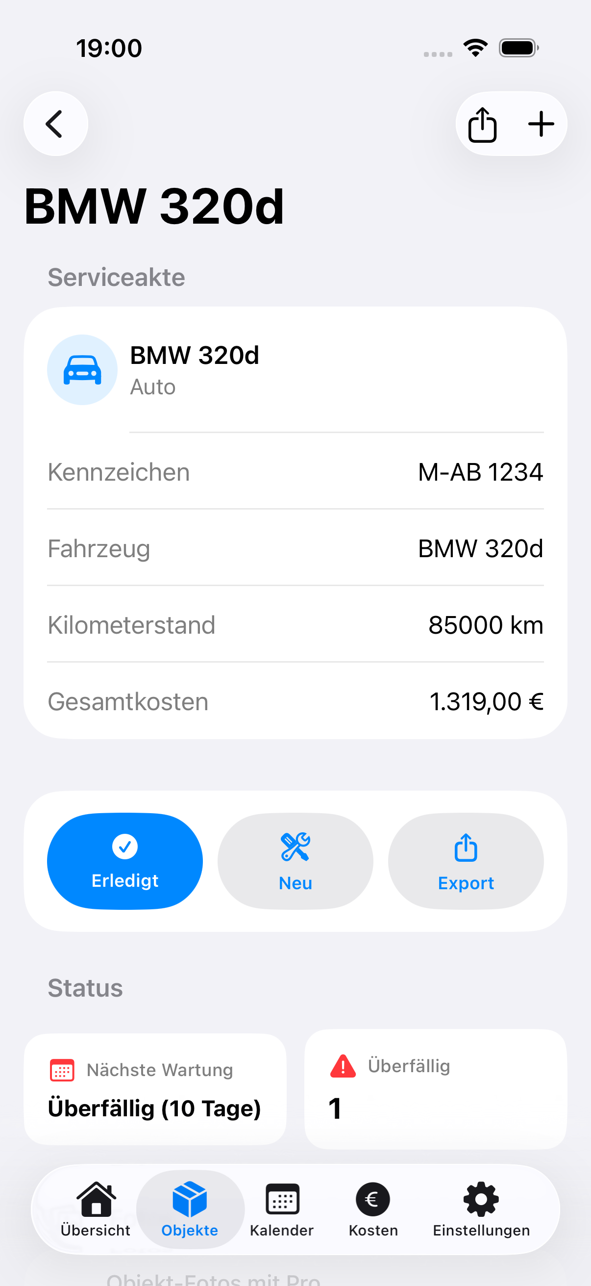 Wartungsdetails mit TÜV, Inspektion und Servicehistorie pro Objekt
