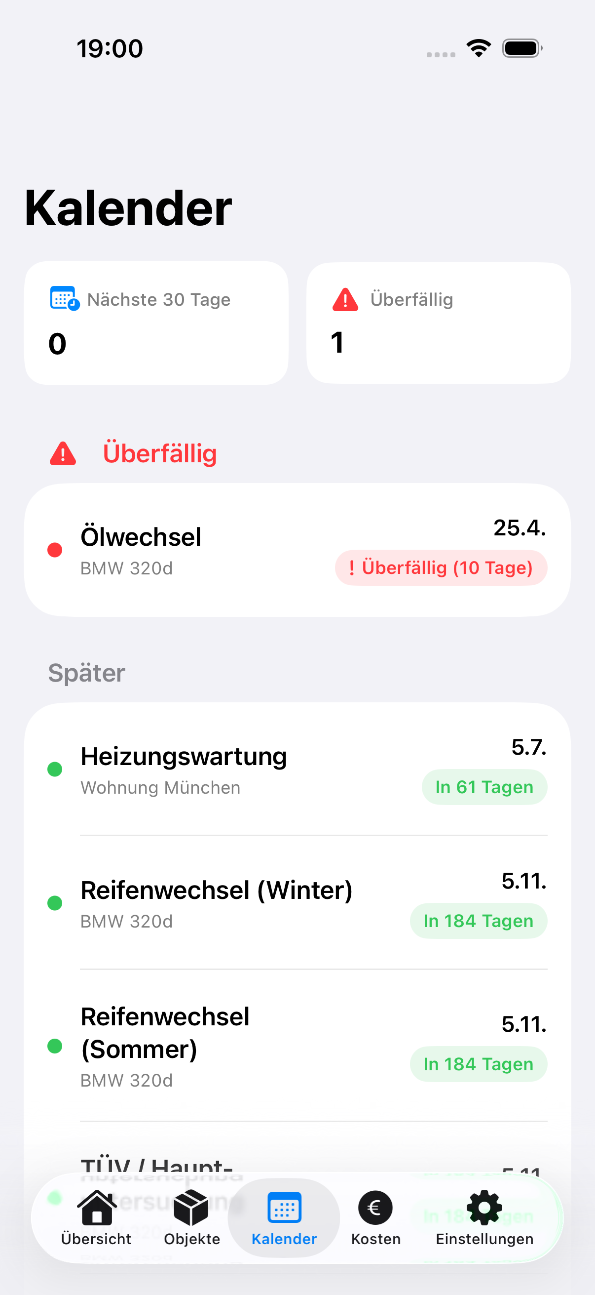Kalenderansicht mit allen geplanten Wartungsterminen und Erinnerungen