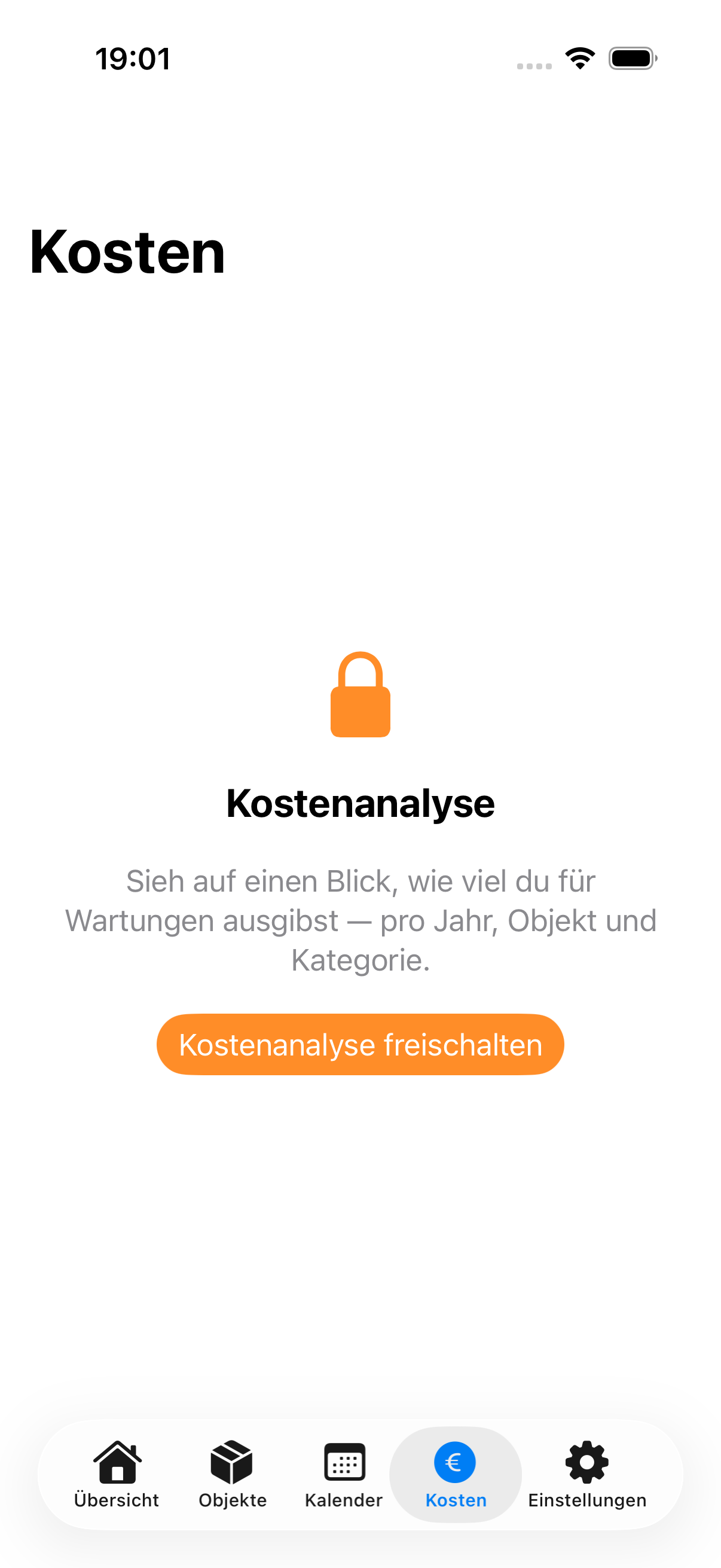 Kosten-Tab mit Diagrammen für Wartungskosten pro Objekt und Kategorie